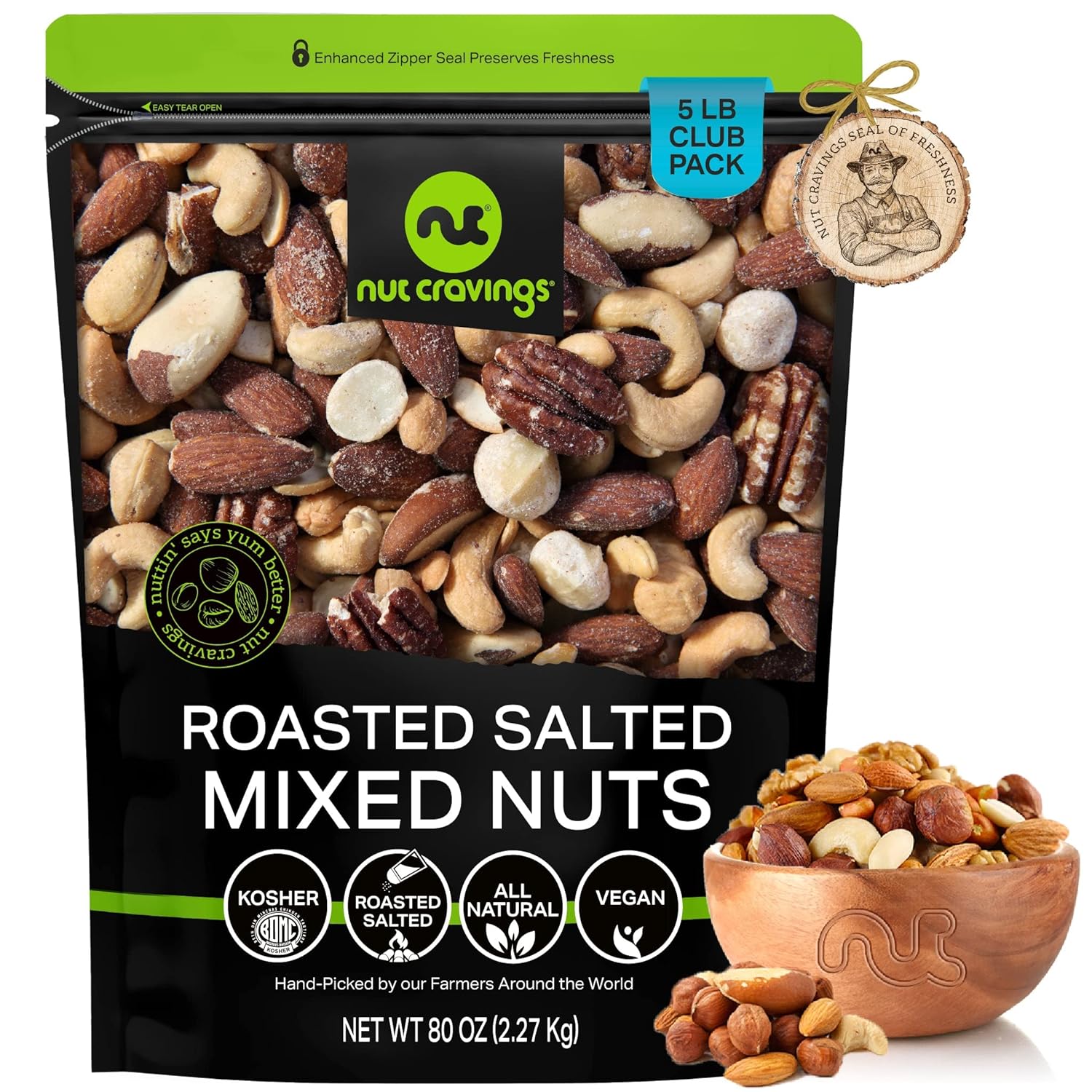 Nut Cravings - Roasted & Salted Mixed Nuts - Brazil, Pecan, Almond, Hazelnut, Cashew (80oz - 5 LB) Packed Fresh in Resealable Bag - Healthy Protein Food, All Natural, Keto Friendly, Vegan, Kosher