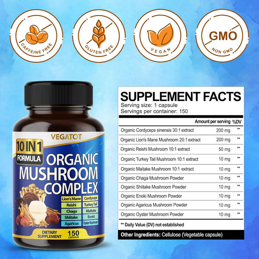 10 In 1 High Strength Mushroom Supplement 9,700Mg - Lions Mane, Cordyceps, Reishi - Brain Supplements For Memory And Focus ** 5-Month Supply