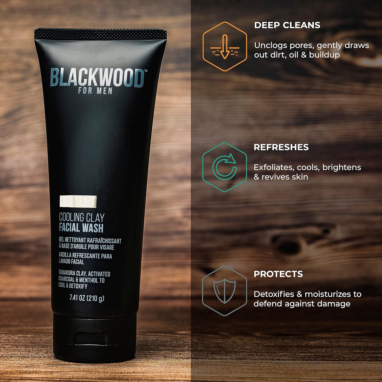 Blackwood For Men Cooling Clay Face Wash - Activated Charcoal, Menthol, & Tanakura Clay Cleanser & Mask for Deep Cleansing & Acne Treatment - Sulfate Free, Paraben Free, & Cruelty Free (7.41 oz) : Beauty & Personal Care