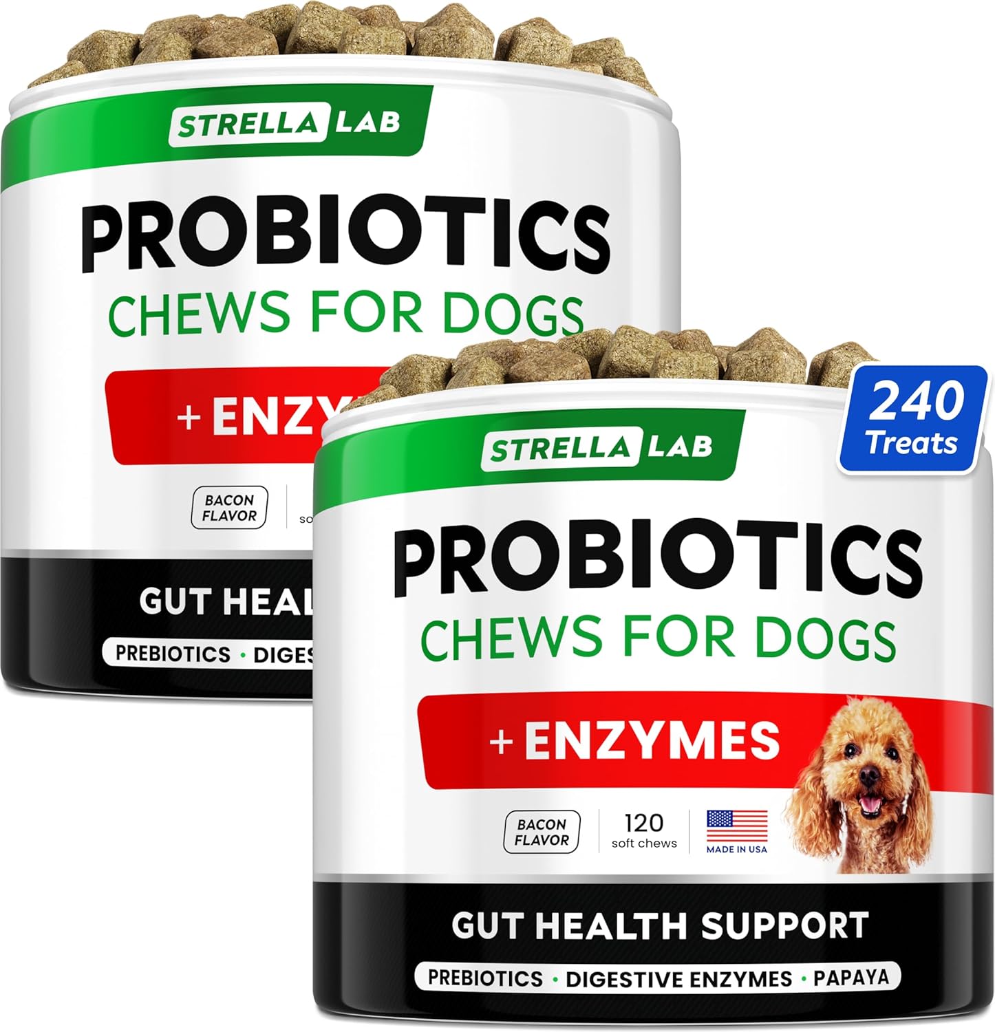 Strellalab Dog Probiotics Treats For Picky Eaters - Digestive Enzymes + Prebiotics - Chewable Fiber Supplement - Allergy, Diarrhea, Gas, Constipation, Upset Stomach Relief - Improve Digestion&Immunity