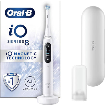Oral-B Io8 Electric Toothbrushes For Adults, App Connected Handle, 1 Toothbrush Head & Travel Case, 6 Modes With Teeth Whitening, 2 Pin Uk Plug, White