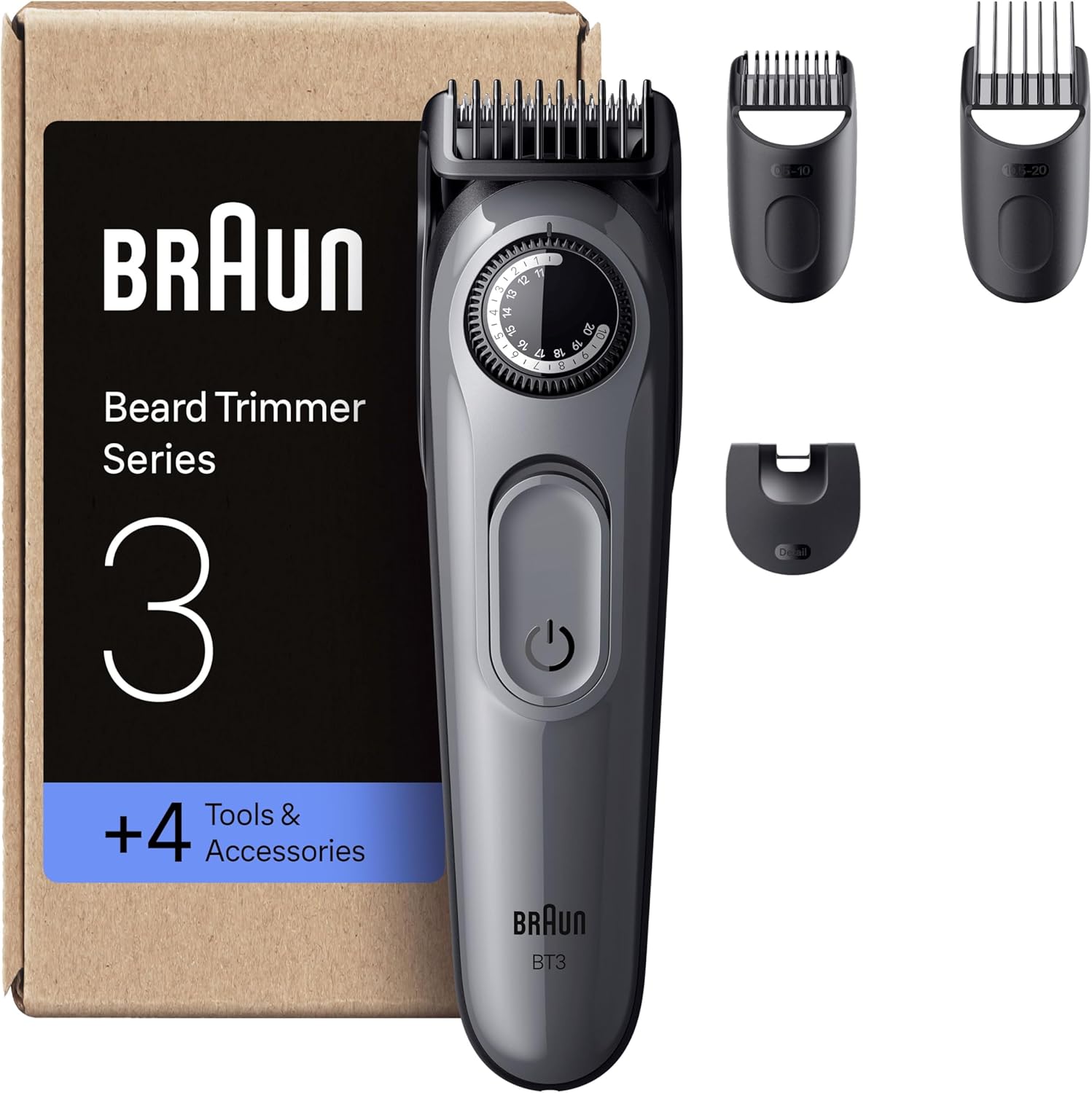 Braun Beard Trimmer Series 3, +6 Styling Tools, Ultra Sharp Blade, 50 Min Runtime, 40 Lengths, Bt3565, Black/Blue