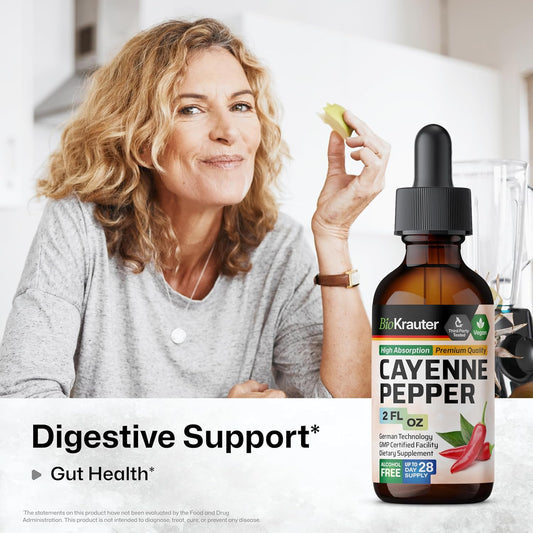 Bio Krauter Cayenne Pepper Drops - Liquid Cayenne Pepper Supplements - Natural Capsaicin Extract For Digestive Support - Pure Formula - Vegan Sugar & Alcohol Free - 2 Fl. Oz