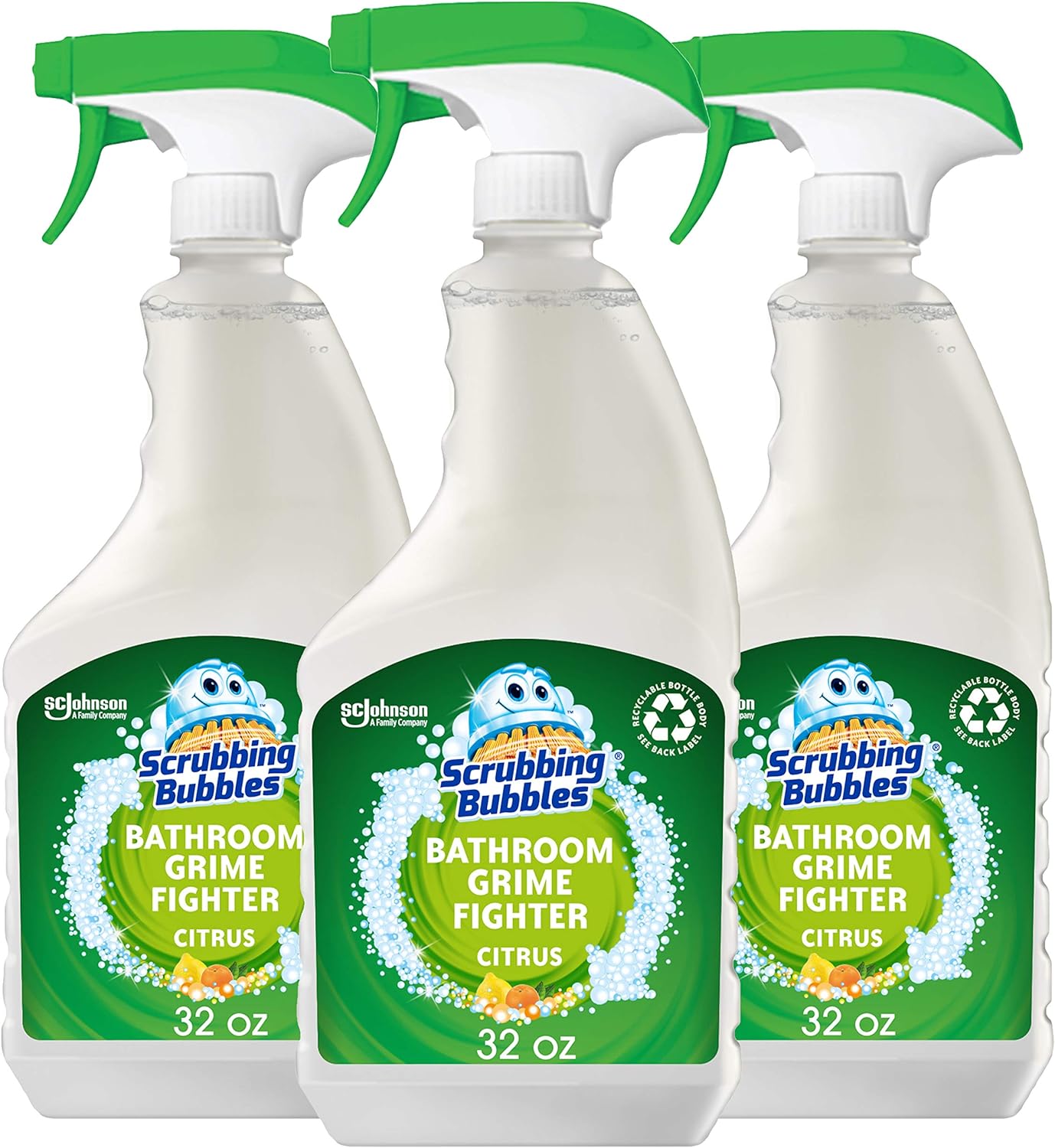 Scrubbing Bubbles Bathroom Grime Fighter Spray in Recyclable Bottle, Citrus, Ideal Bathroom, Tile, Bathtub and Shower Cleaner, 32 oz (Pack of 3)