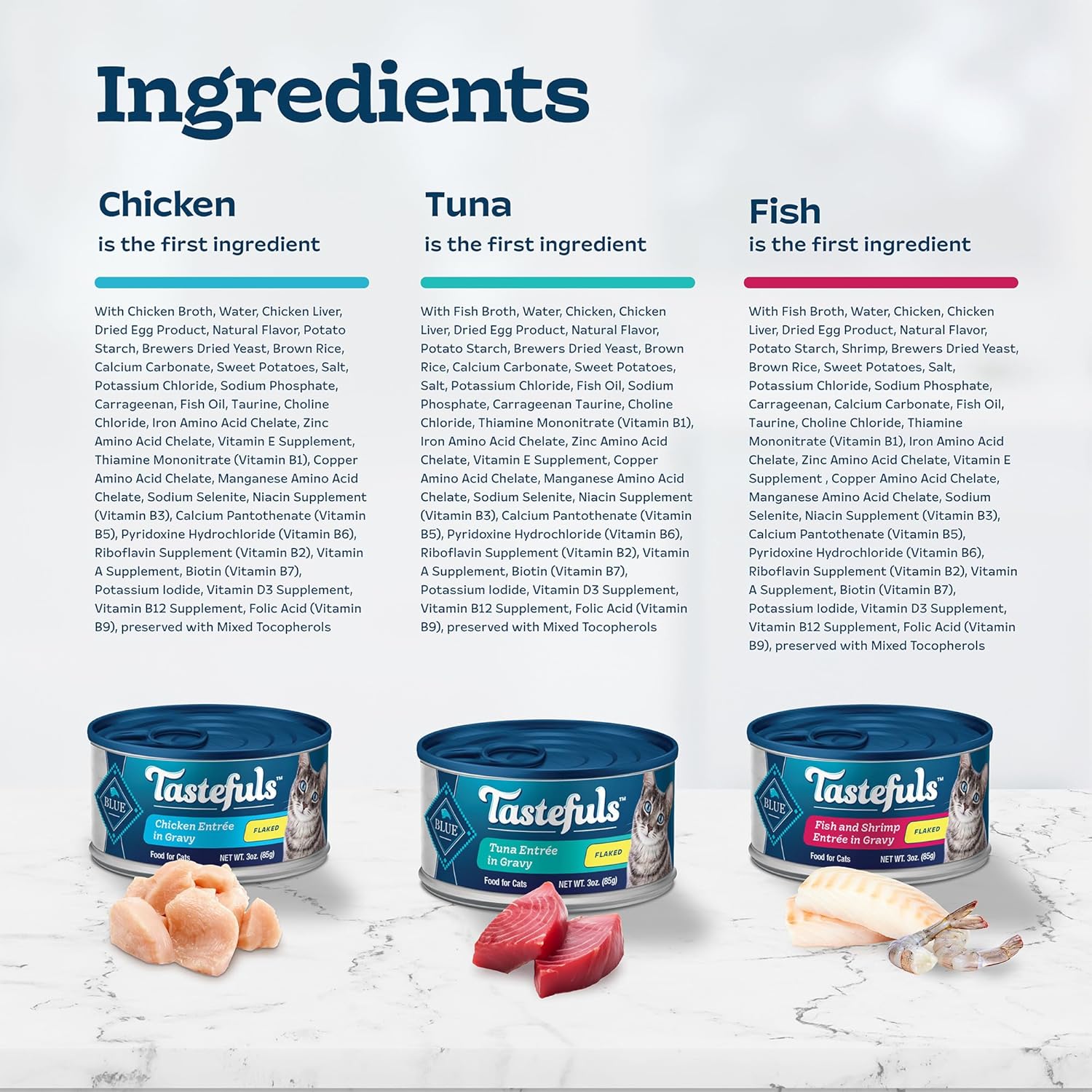 Blue Buffalo Tastefuls Flaked Wet Cat Food Variety Pack, Made with Natural Ingredients | Tuna, Chicken, Fish & Shrimp, 3-oz. Cans (12 Count, 4 of Each) : Pet Supplies