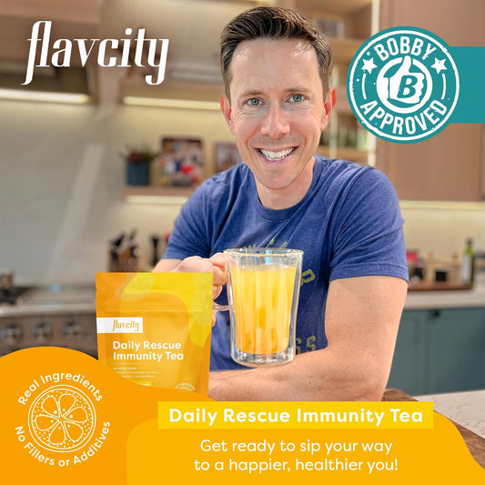 Flavcity Daily Rescue Lemon Ginger Immunity Tea With No Added Sugar - Delicious Caffeine-Free Herbal Tea Mix For Wellness Boost - Shelf-Stable, Vegan, Keto & Non-Gmo (1.9 Oz, 30 Servings)