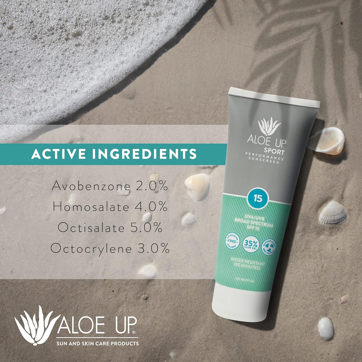Aloe Up Sport Sunscreen Lotion SPF 15 - Broad Spectrum UVA/UVB Sunscreen Protector for Face and Body - With Hydrating Aloe Vera Gel - Non-Greasy - No White Cast - Reef Safe - Fragrance-Free - 6 Oz : Beauty & Personal Care
