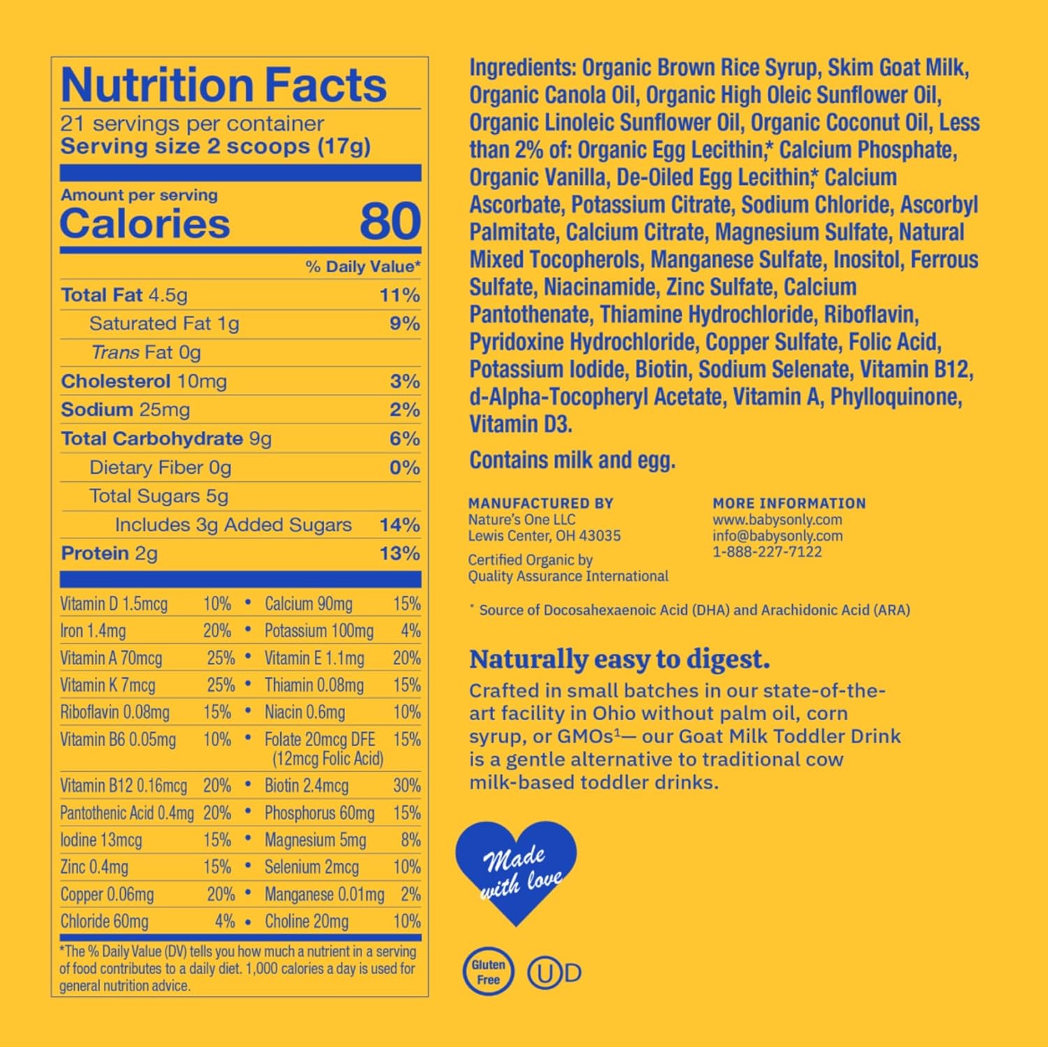 Baby's Only Goat Milk Toddler Drink, Toddler Drink, Goats Milk Powder, Non GMO with DHA, Iron, Vitamin D, Naturally Occurring Prebiotics, ARA, Toddlers 12 Months Old and Up, Easy to Digest Goat Milk, 12.7 oz, 6 Pack : Baby