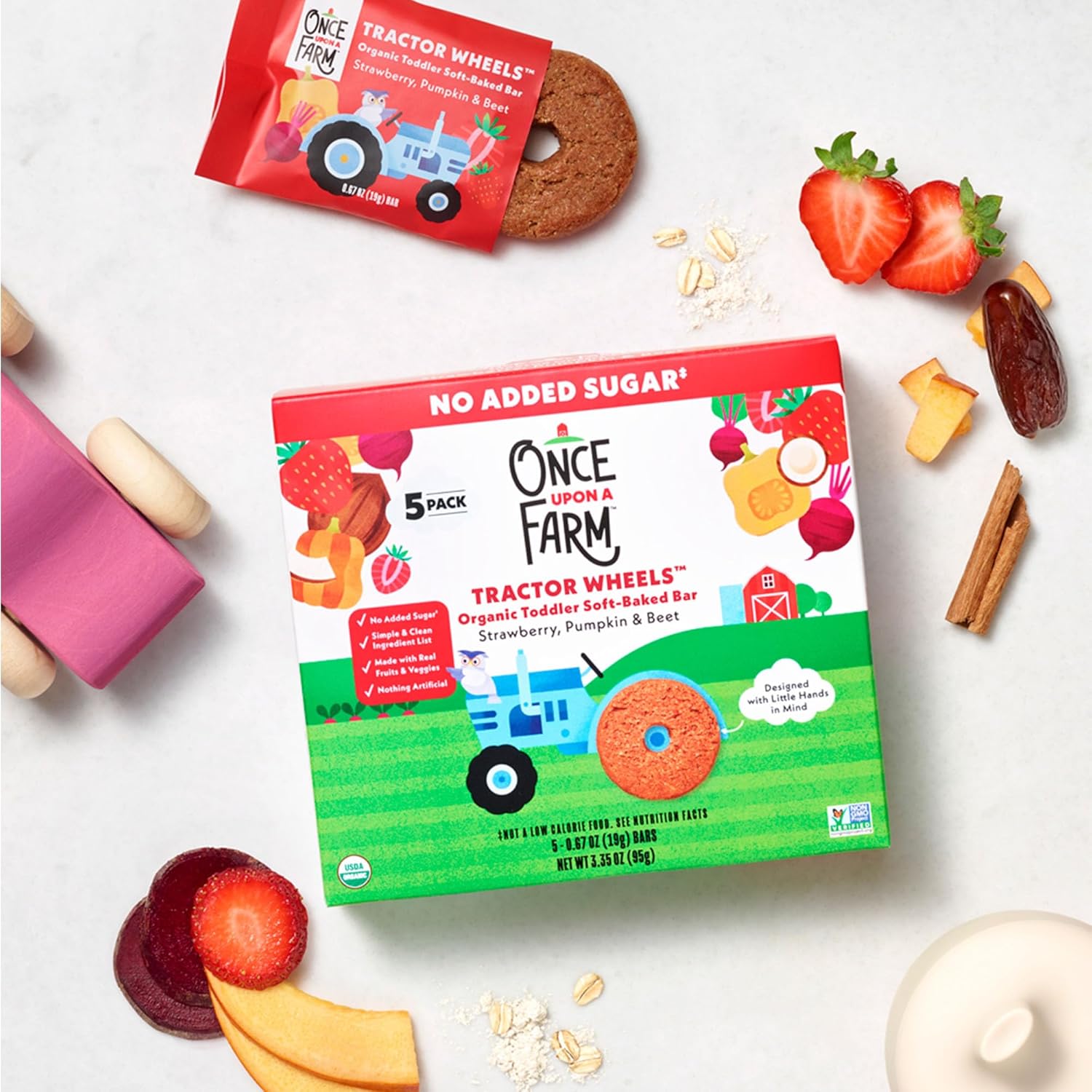 Once Upon a Farm Organic Tractor Wheels Toddler Bar, Strawberry, Pumpkin & Beet | 8 boxes : Baby