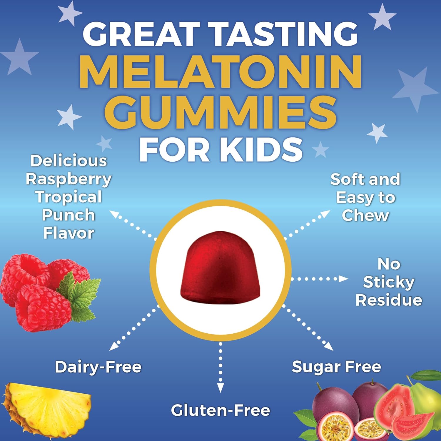 Kids Sleep Gummies with Melatonin 1 mg - Vegan, Gluten and Sugar-Free Chewable Sleep Support Gummy for Children Ages 3+ - for Calming & Occasional Restlessness - 120 Count - Raspberry Tropical Punch : Health & Household