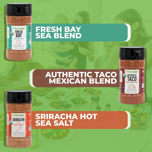 FreshJax Organic Seafood Seasoning Gift Set | 3 Large Bottles | Sriracha Salt, Taco Seasoning and Fresh Bay | Handcrafted in Jacksonville | Grilling Spice Gift Sets