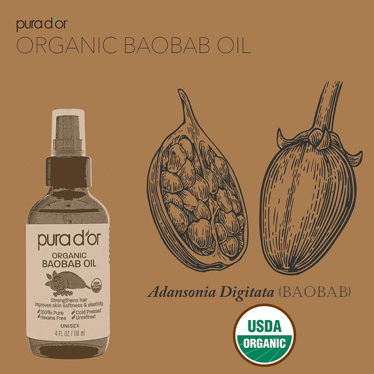 Pura D'Or Organic Baobab Oil (4Oz / 118Ml) 100% Pure Usda Certified Premium Grade Natural Moisturizer, Cold Pressed, Unrefined, Hexane-Free Base Carrier Oil For Diy Skin Care For Men & Women