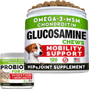 Glucosamine Treats + Probiotics Powder For Cats And Dogs Bundle - Joint Supplement W/Omega-3 Fish Oil + Relieves Diarrhea, Upset Stomach - Chondroitin, Msm + Digestive Enzymes, Prebiotics - Made In Us