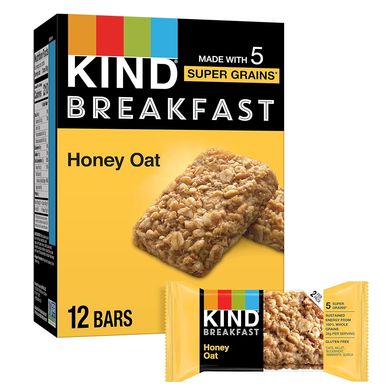 Kind Breakfast, Healthy Snack Bar, Honey Oat, Gluten Free Breakfast Bars, 100% Whole Grains, 1.76 Oz Packs (6 Count)