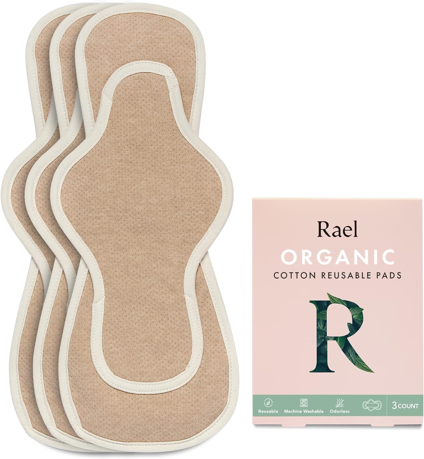 Rael Reusable Pads Menstrual, Organic Cotton Cover Pads - Postpartum Essential, Regular Absorbency, Thin Cloth Pads, Leak Free, Washing Machine Safe, Menstrual Pads with Wings (3 Count, Overnight)