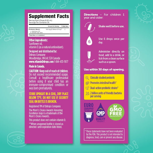 Ddrops Kids Probiotic Liquid Drops, Dual Probiotic Support, Helps Support Kids' Immune And Digestive Health, 30 Servings