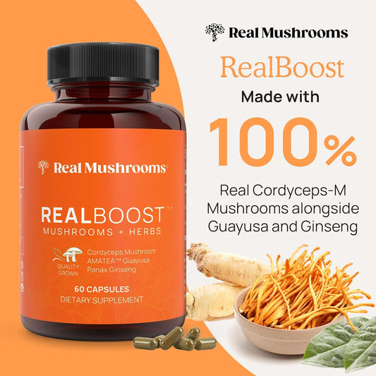 Real Mushrooms Realboost Capsules - Mushroom Supplement Blend With Cordyceps Mushroom, Panax Ginseng Extract & Guayusa Extract - Energy, Immune Defense, & Mood Support Supplement - Vegan, 60 Caps