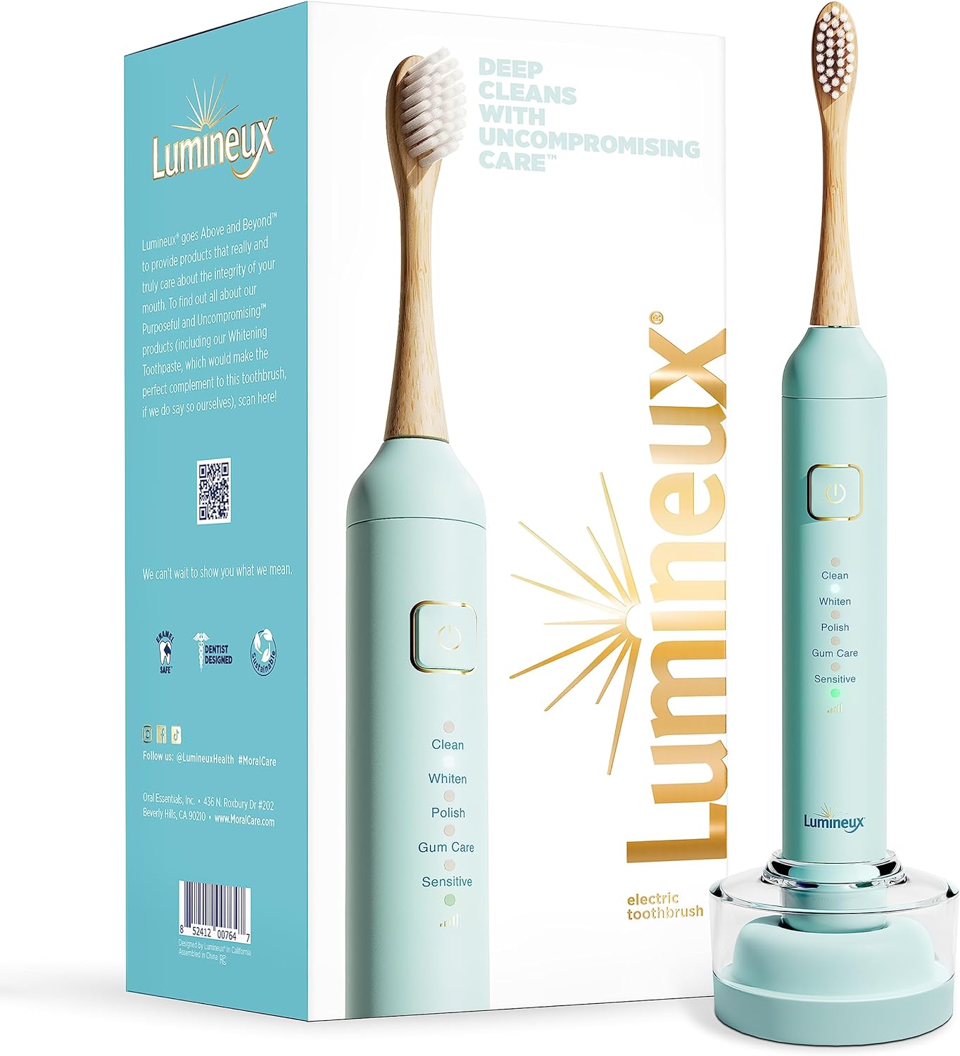 Lumineux Sonic Electric Toothbrush for Adults - Bamboo Heads - Crystalline (Light Blue) - Includes 2 Super Soft Bristle Bamboo Tooth Brush Heads, Charging Station & USB Charge Cord - Rechargeable