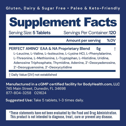 Bodyhealth Perfectamino, Essential Amino Acid With Bcaas + Lysine, Phenylalanine, Threonine, Methionine, Tryptophan, Supplement For Muscle Mass Production, Recovery & Strength (600 Ct)