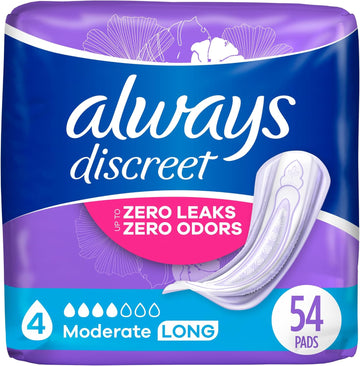 Always Discreet Adult Moderate Long Incontinence Pads, Up To 100% Leak-Free Protection, 54 Count (Packaging May Vary)