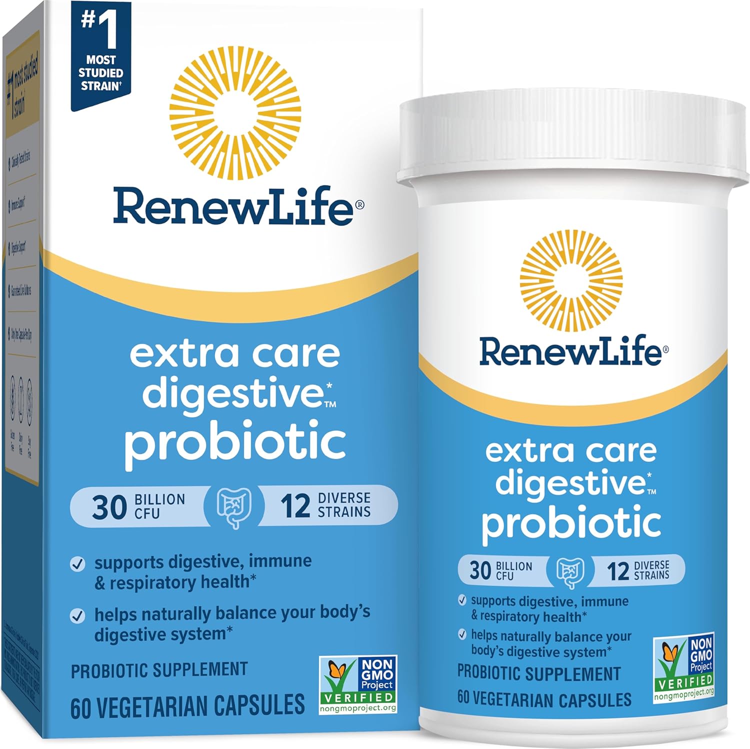 Renew Life Extra Care Probiotic Capsules, Daily Supplement Supports Immune, Digestive And Respiratory Health, L. Rhamnosus Gg, Dairy, Soy And Gluten-Free, 30 Billion Cfu, 60 Count