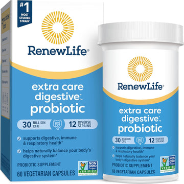 Renew Life Extra Care Probiotic Capsules, Daily Supplement Supports Immune, Digestive And Respiratory Health, L. Rhamnosus Gg, Dairy, Soy And Gluten-Free, 30 Billion Cfu, 60 Count