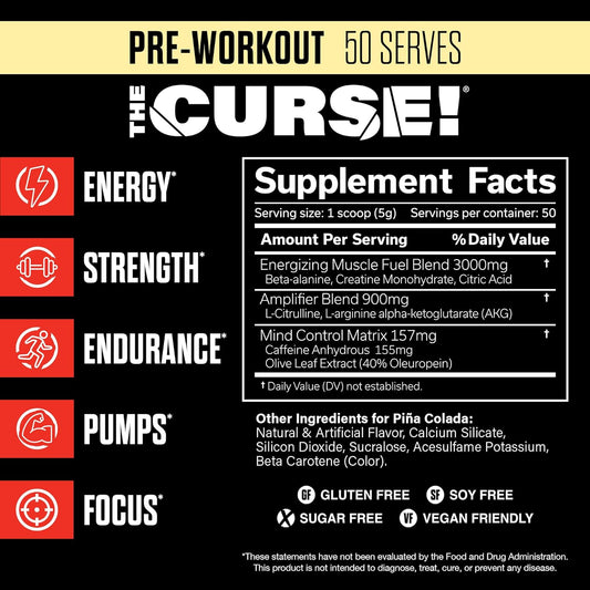 JNX SPORTS The Curse! Pre Workout Powder - Pina Colada 50 Servings | Preworkout: Boost Strength, Energy + Focus for Men & Women | Caffeine, Beta-Alanine, Creatine & L-Citrulline
