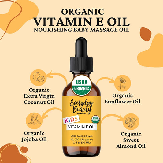 Organic Vitamin E Oil - Nourishing Baby Massage Oil for Moisturizing Dry Skin - Fragrance Free & All Natural Plant Based, Lightweight Unscented Gentle Blend - 1 fl oz Glass Bottle With Glass Dropper