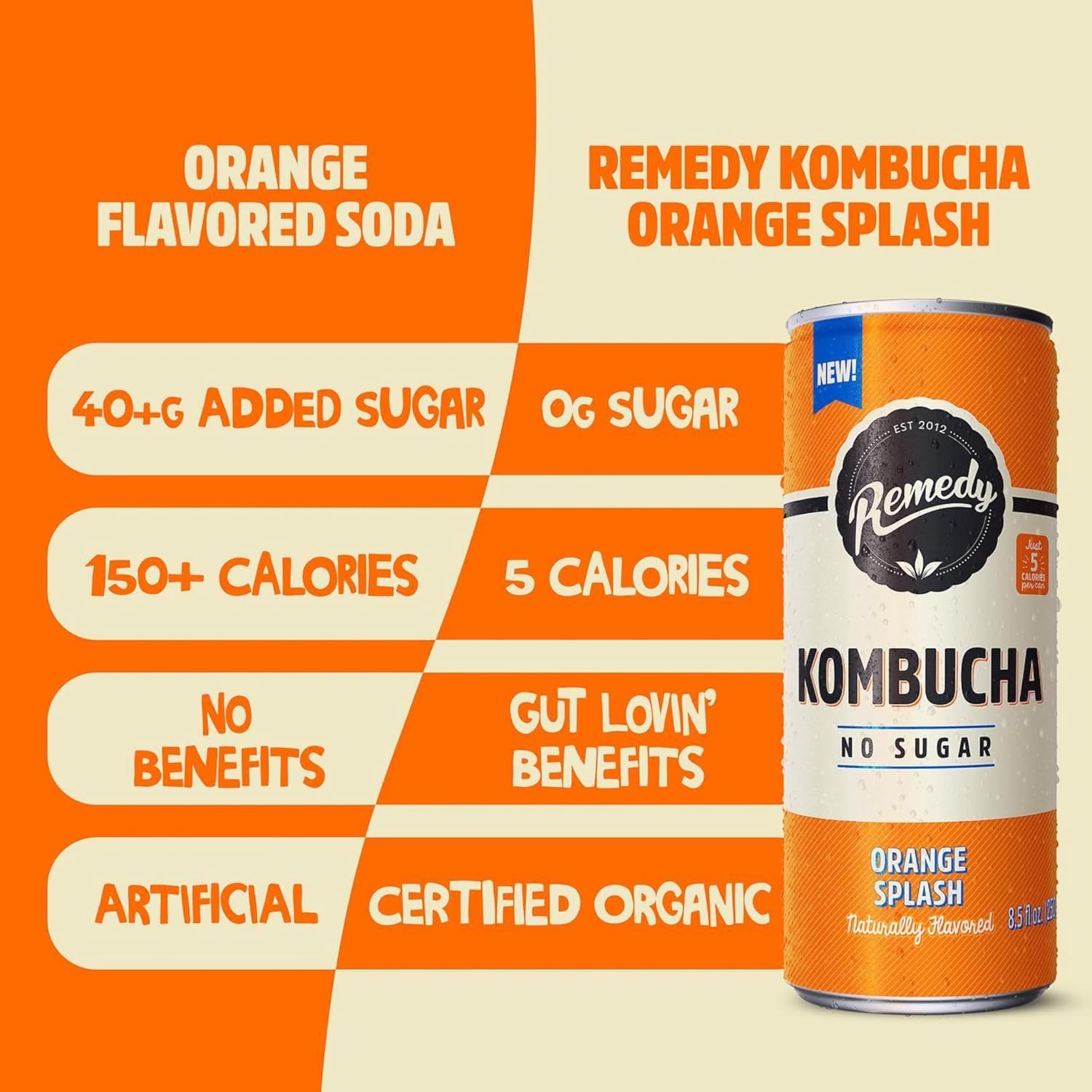Remedy Kombucha Sugar Free Organic Drink, Low Calorie, Probiotic Like Tea For Gut Health - Orange Splash - 11.2 Fl Oz Can, 4-Pack