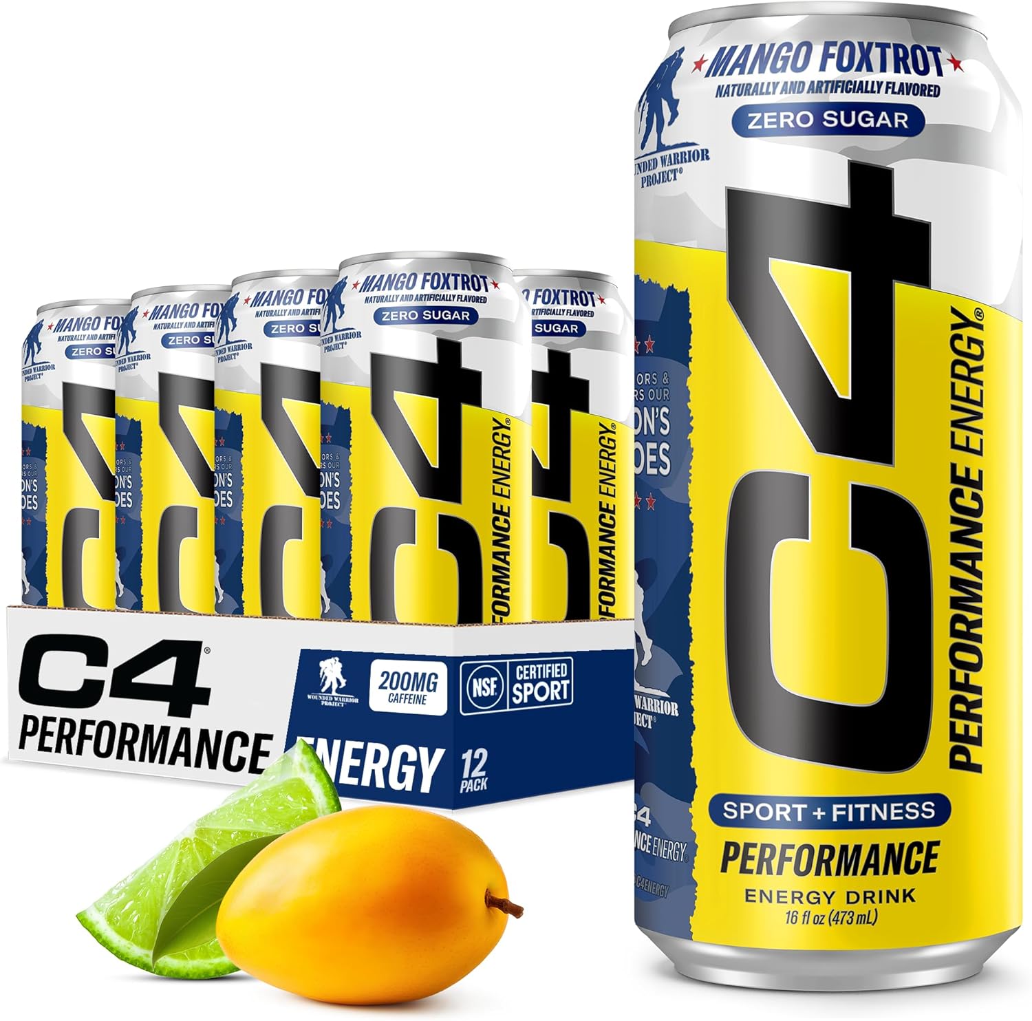 C4 Performance Energy Drink | Zero Sugar Carbonated Preworkout Energy | 200Mg Caffeine With Beta Alanine | Mango Foxtrot | 16 Fl Oz (12 Pack)