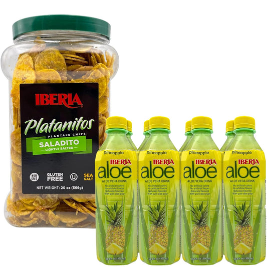 Iberia Lightly Salted Plantain Chips, 20 Oz. + Iberia Aloe Vera Juice Drink with Pure Aloe Pulp, Pineapple, 16.9 Fl. Oz. (Pack of 8)