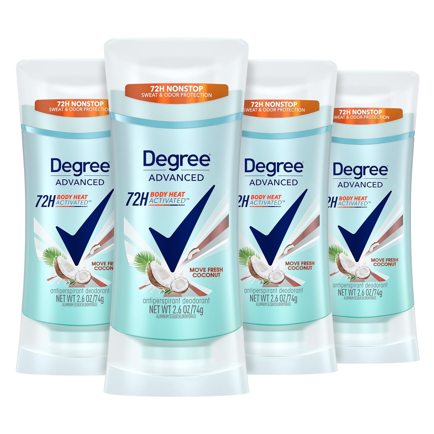 Degree Antiperspirant Deodorant 72-Hour Sweat & Odor Protection Fresh Coconut Deodorant For Women With Motionsense Technology 2.6 Oz, Pack Of 4