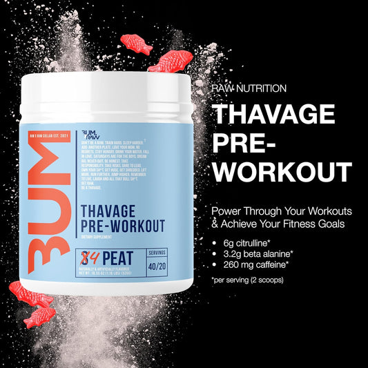 Raw Preworkout Powder, Thavage (4 Peat) - Chris Bumstead Sports Nutrition Supplement For Men & Women - Cbum Pre Workout For Working Out, Hydration, Mental Focus & Energy - 40 Servings