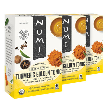 Numi Organic Golden Tonic Turmeric Tea, 15 Tea Bags (Pack Of 3) With Lemon Verbena & Lime, Caffeine Free, Packaging May Vary