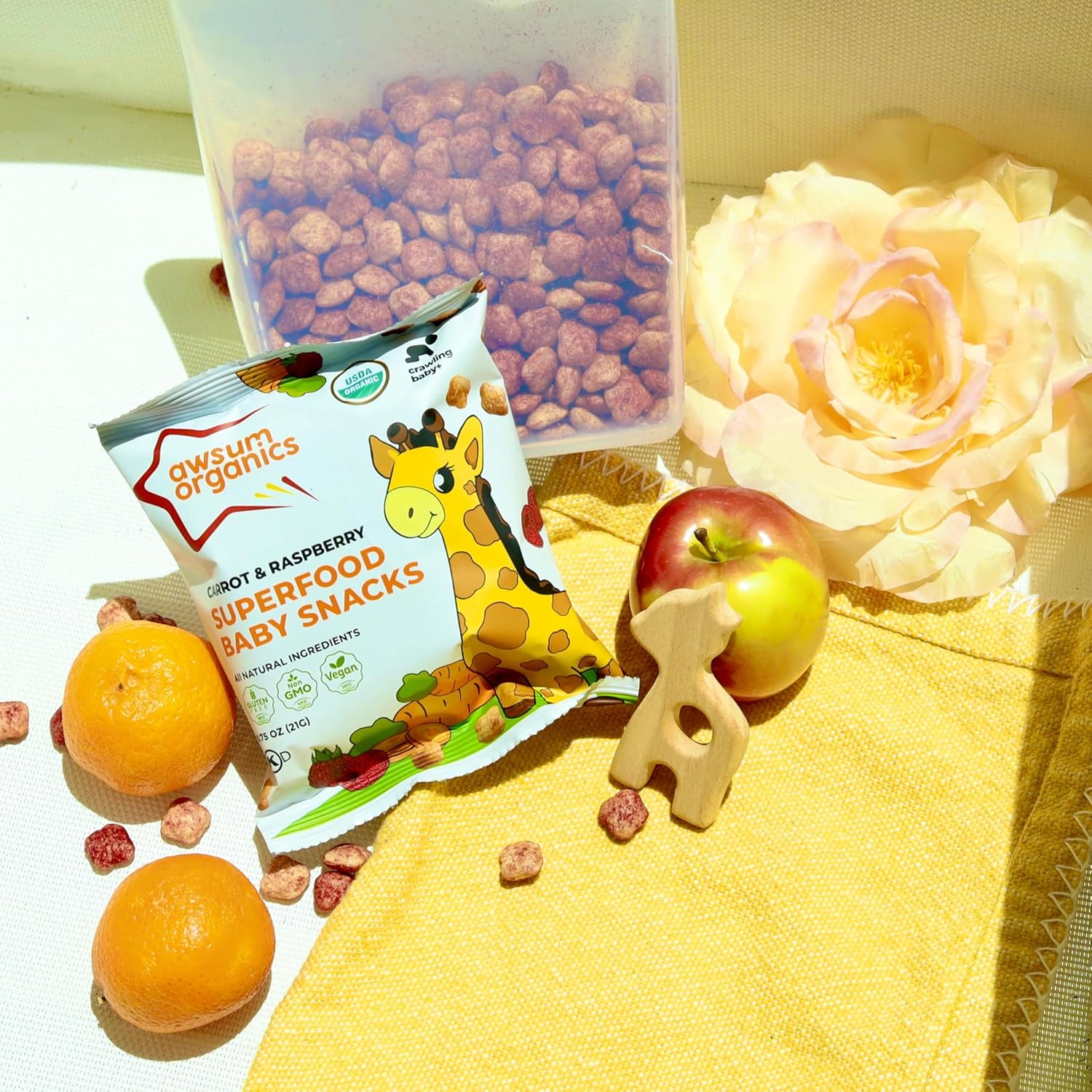 Awsum Organics Baby Snacks - Happy Healthy Baby Food - Snack For Babies - Vegan Kosher Gluten Free - Natural Plant Based Protein Puffs - Non-Allergy - No Added Sugar 0.75 Oz Bag (Variety, 4 Packs)