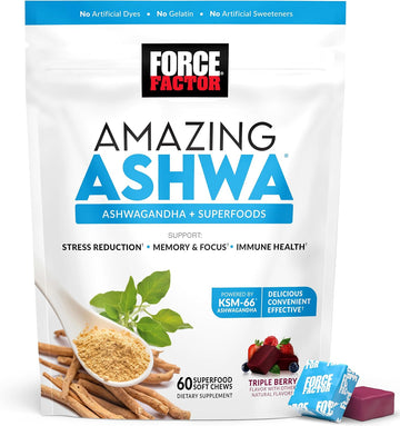 Force Factor Amazing Ashwa For Stress Relief, Memory, Focus, And Immune Support Health, Ashwaganda Supplement With Ksm-66 Ashwagandha For Stress, 60 Soft Chews