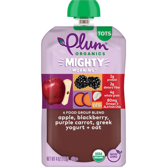 Plum Organics Mighty Morning Organic Toddler Food - Apple, Blackberry, Purple Carrot, Greek Yogurt, and Oat - 4 oz Pouch (Pack of 6) - Organic Fruit and Vegetable Toddler Food Pouch