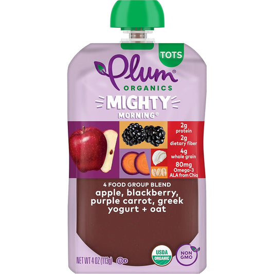 Plum Organics Mighty Food Group Blend, Organic Baby Food Meals [12+ Months], Quinoa, Blackberry, Purple Carrot, Greek Yogurt & Oat, Kosher, Usda Certified Organic, Non-Gmo, 4 Ounce Pouch (Pack Of 6)