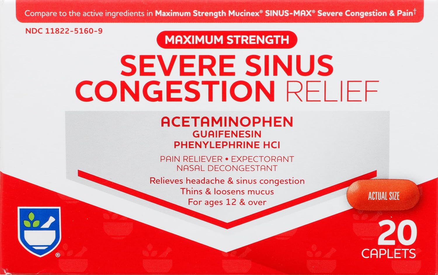 Rite Aid Severe Sinus Medicine And Nasal Decongestant, Maximum Strength - 20 Caplets | Sinus Relief | Pain Relief | Multi-Symptom Cold And Flu Medicine | Severe Cold & Sinus Medicine For Adults