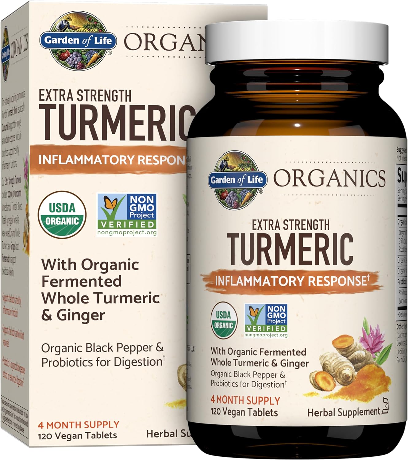 Garden of Life Organics Extra Strength Turmeric Inflammatory Response 120 Tablets-100Mg Curcumin (95% Curcuminoids) Black Pepper, Probiotics, Organic Non-GMO Vegan Gluten Free Herbal Supplement