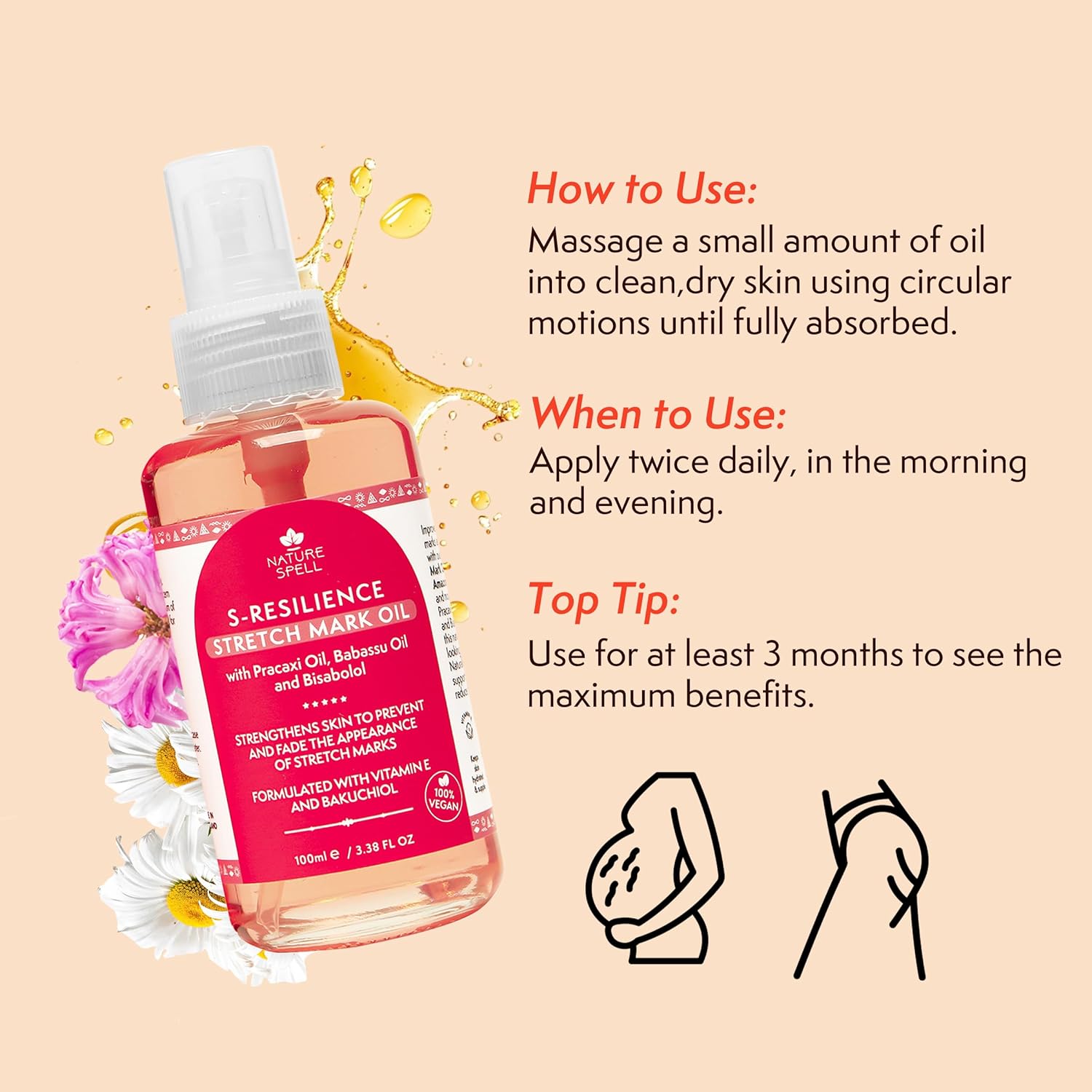 Nature Spell Stretch Mark Oil For Women, Vegan Body Oil For Stretch Marks, Scars & Uneven Skin Tone, 3.38 Fl Oz : Beauty & Personal Care