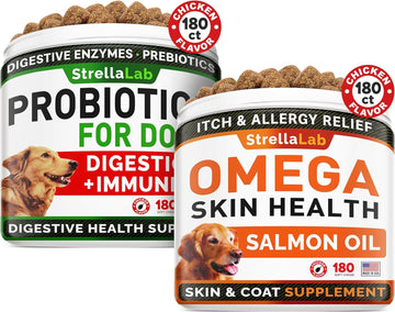 Dog Probiotics Treats For Picky Eaters Bundle + Fish Oil Omega 3 Treats For Dogs - Allergy Relief, Joint Health, Itch Relief. Skin & Coat Supplement + Enzymes + Prebiotics For Digestion Support