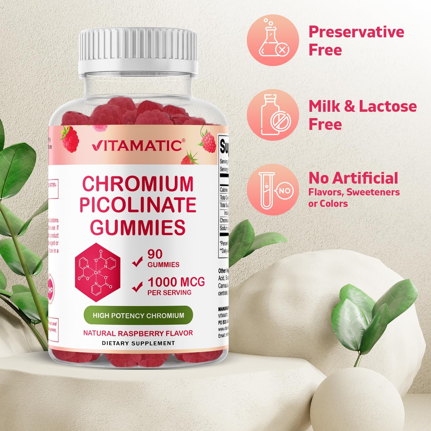 Vitamatic Chromium Picolinate 1000 mcg - 90 Gummies - High Potency Chromium - Raspberry Flavor : Health & Household