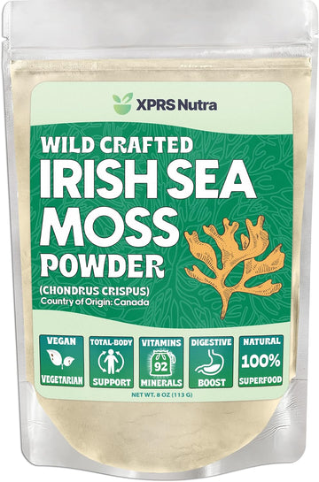 Xprs Nutra Irish Sea Moss Powder (Chondracanthus Chamissoi) - Premium Wildcrafted Seamoss Powder For Glowing Skin - Total Body Health Sea Moss Drink Powder - Vegan Friendly Irish Moss Powder (8 Oz)