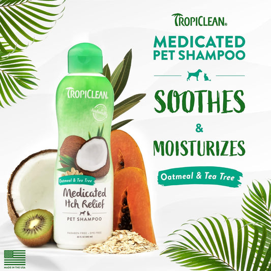 TropiClean Medicated Dog Shampoo for Allergies and Itching | Tea Tree & Oatmeal | Pet Shampoo Derived from Natural Ingredients for Sensitive Skin | Made in the USA | 20 oz