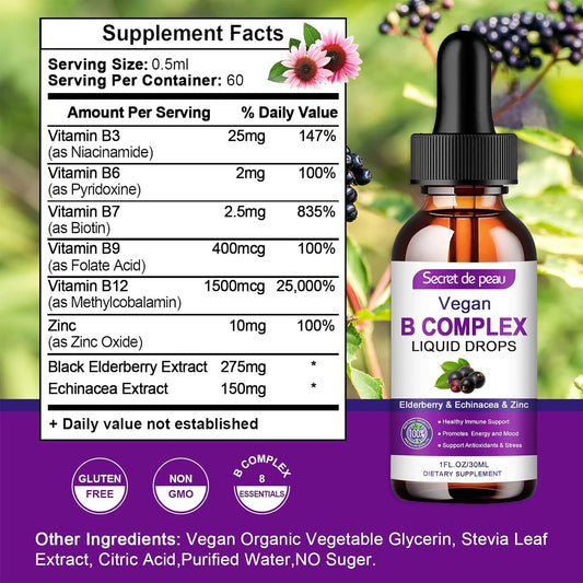 Vitamin B Complex Liquid - B Complex Liquid Supplement w Methyl B12, Elderberry,Vitamin B3 B6 B7 B9 Zinc & Ec for Men, Women & Kids Help Faster Absorption & Hair Skin Nails Energy,Berry Flavor 1Fl Oz