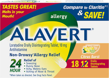 Alavert Allergy 24 Hour Relief, Citrus Burst Flavor, Orally Disintegrating Allergy Tablets, Non-Drowsy Antihistamine, Loratadine 10Mg, 18 Count