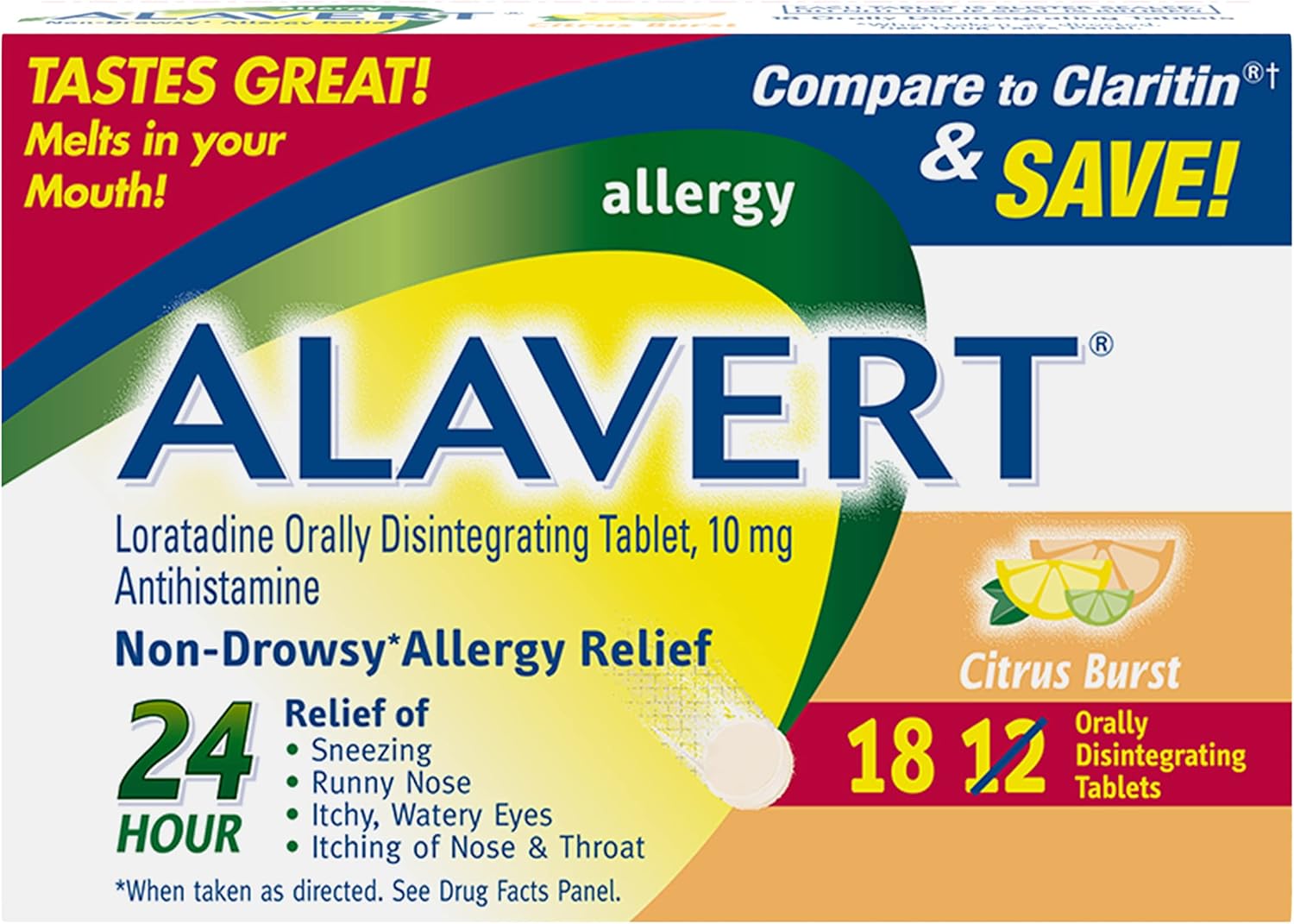 Alavert Allergy 24 Hour Relief, Citrus Burst Flavor, Orally Disintegrating Allergy Tablets, Non-Drowsy Antihistamine, Loratadine 10Mg, 60 Count