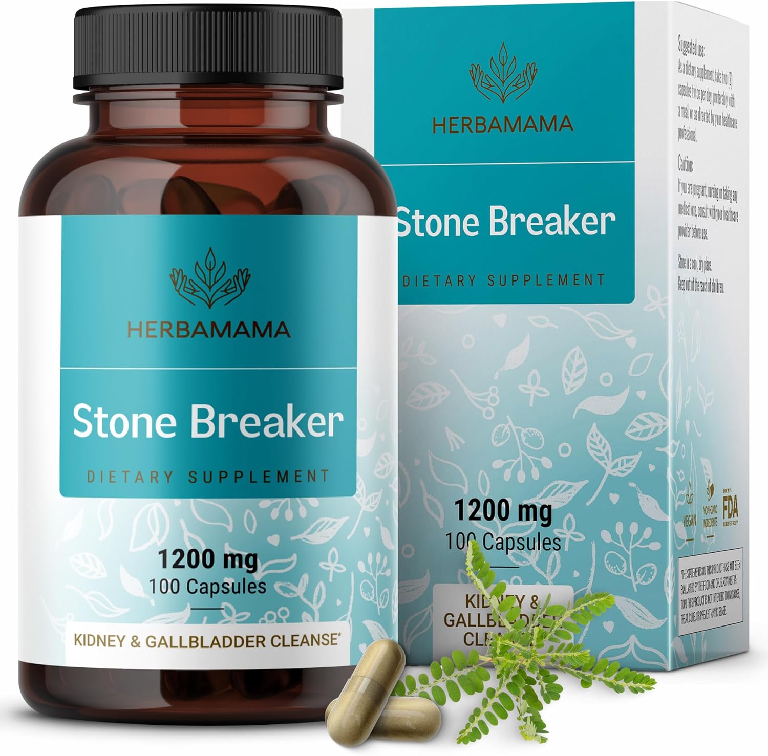 Herbamama Chanca Piedra Stone Breaker Capsules 1200Mg - Kidney Stone Breaker, Gallbladder Cleanse & Urinary Tract Support - Vegan, Non-Gmo Kidney Supplement, 100 Caps, 25-Day Supply