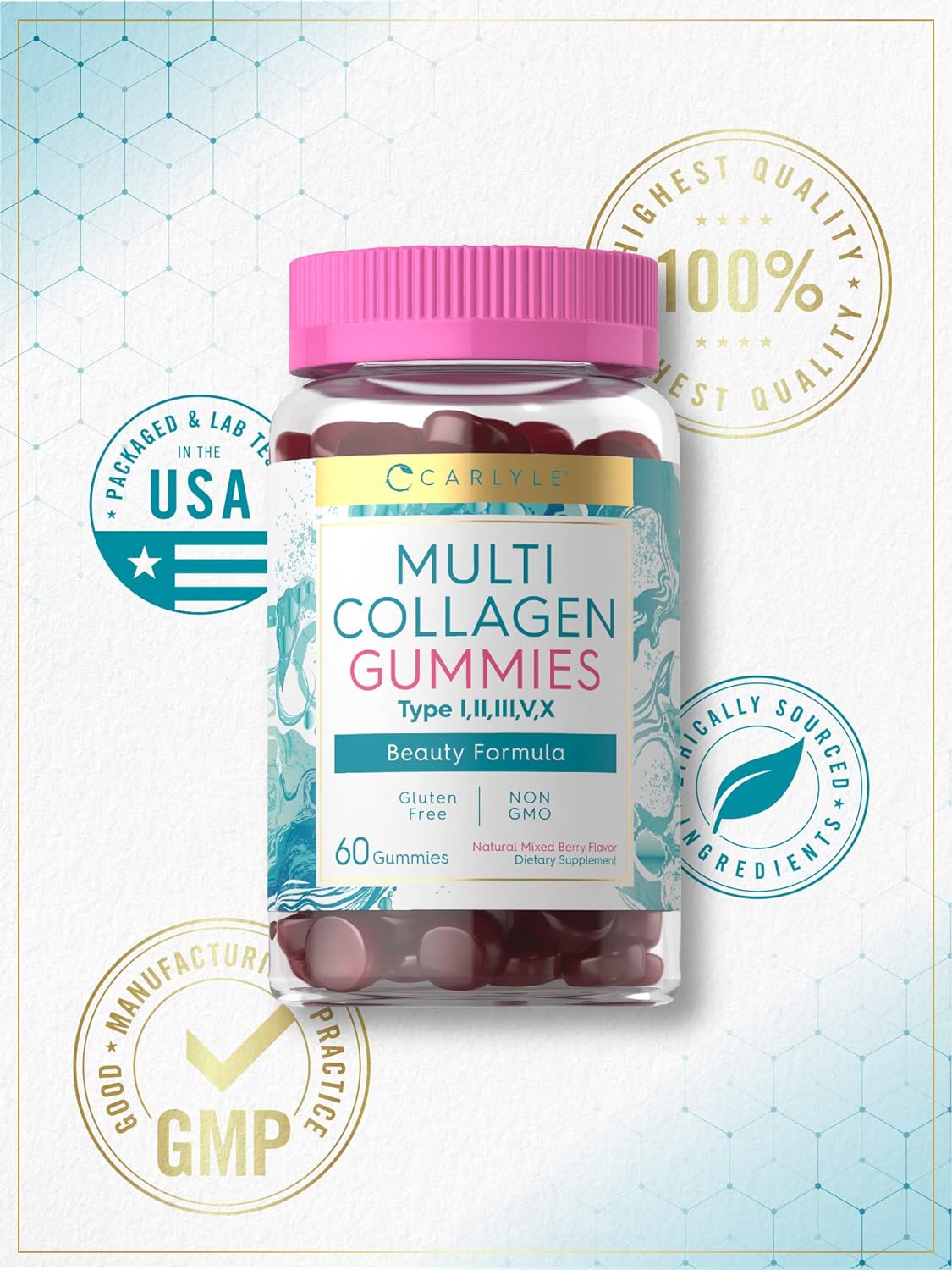 Carlyle Collagen Gummies | 60 Count | Multi Collagen Complex | Beauty Formula Supplement | Mixed Berry Flavor | Non-GMO, Gluten Free : Health & Household